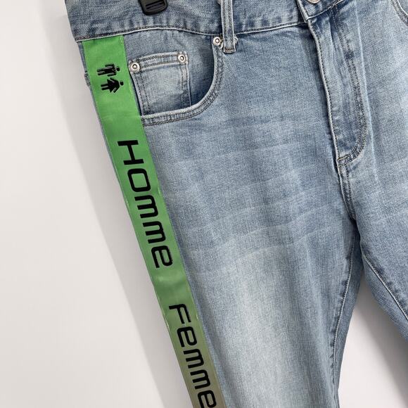 Homme + Femme NEW Tesla Skinny Blue Jeans Sz 38 Green Pink Gradient Logo Ribbon - Picture 3 of 10